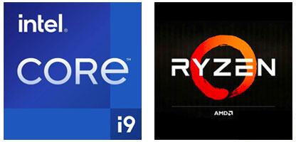Core i9 Intel Inside series logo and AMD Ryzen series logo